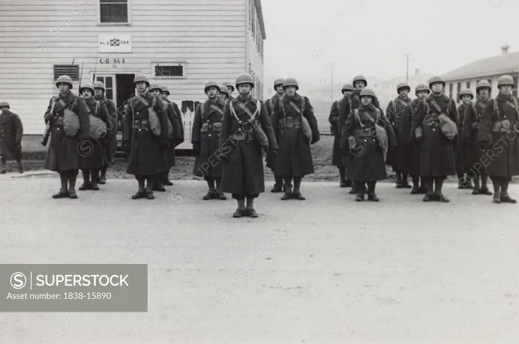 Military Soldiers at Attention, WWII, HQ 2nd Battalion, 389th Infantry, US Army Military Base, Indiana, USA, 1942