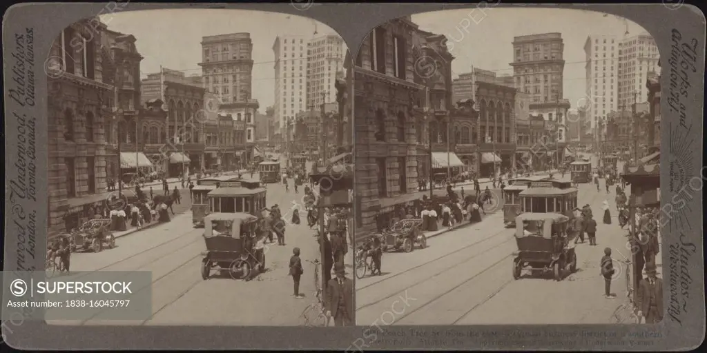 Peach Tree Street from the East, a typical Business District of a Southern Metropolis, Atlanta, Georgia, USA, Stereo Card, Underwood & Underwood, 1907