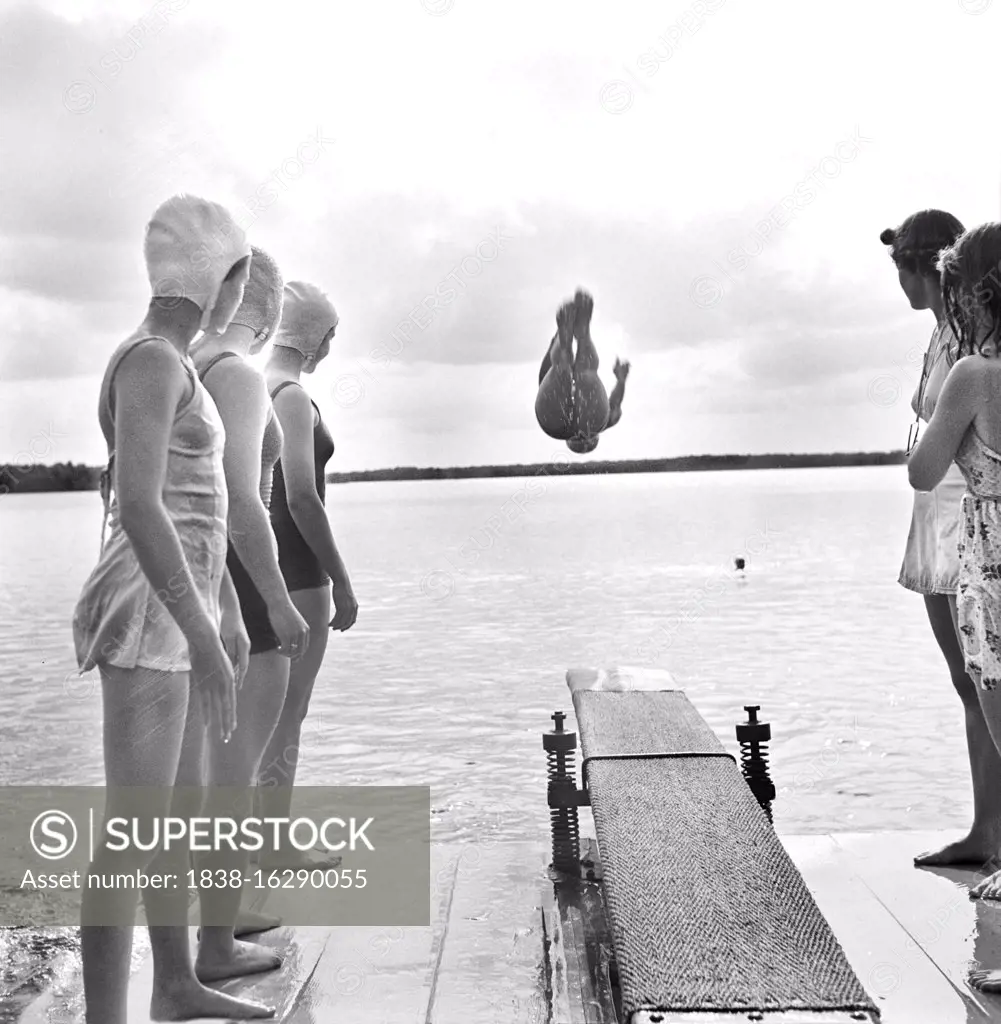 Girls swimming during Recreation Period, National Music Camp, Interlochen, Michigan, USA, Arthur S. Siegel, U.S. Farm Security Administration, August 1942