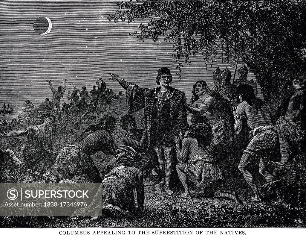 Columbus Appealing to the Superstition of the Natives, Illustration, Ridpath's History of the World, Volume III, by John Clark Ridpath, LL. D., Merrill & Baker Publishers, New York, 1897