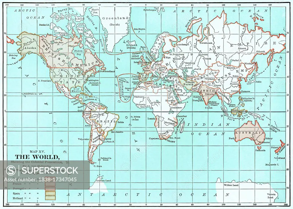 Map XV, The World Showing the Colonial Possessions, by A. von Steinwehr, from Thalheimer's Medieval and Modern History, by Permission, Color Illustration, Ridpath's History of the World, Volume III, by John Clark Ridpath, LL. D., Merrill & Baker Publishers, New York, 1897