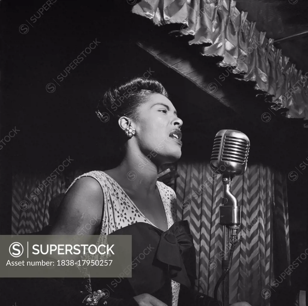 Billie Holiday,  Half-Length Portrait, Club Downbeat, 66 West 52nd Street, New York City, New York, USA, William P. Gottlieb, February 1947