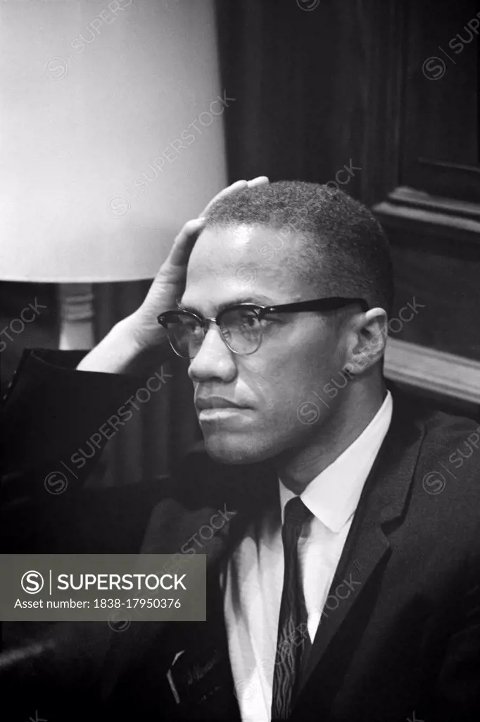 Malcolm X waiting at Martin Luther King Press Conference, Head and Shoulders Portrait, Marion S. Trikosko, March 26, 1964