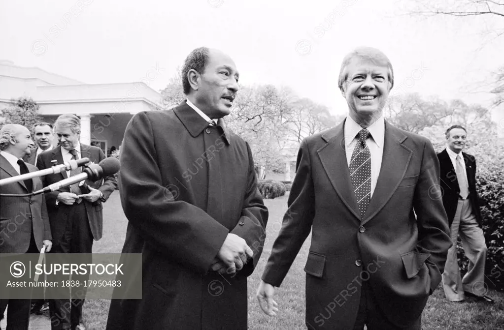 U.S. President Jimmy Carter with Egyptian President Anwar Sadat at the White House, Washington, D.C., USA, Marion S. Trikosko, April 5, 1977