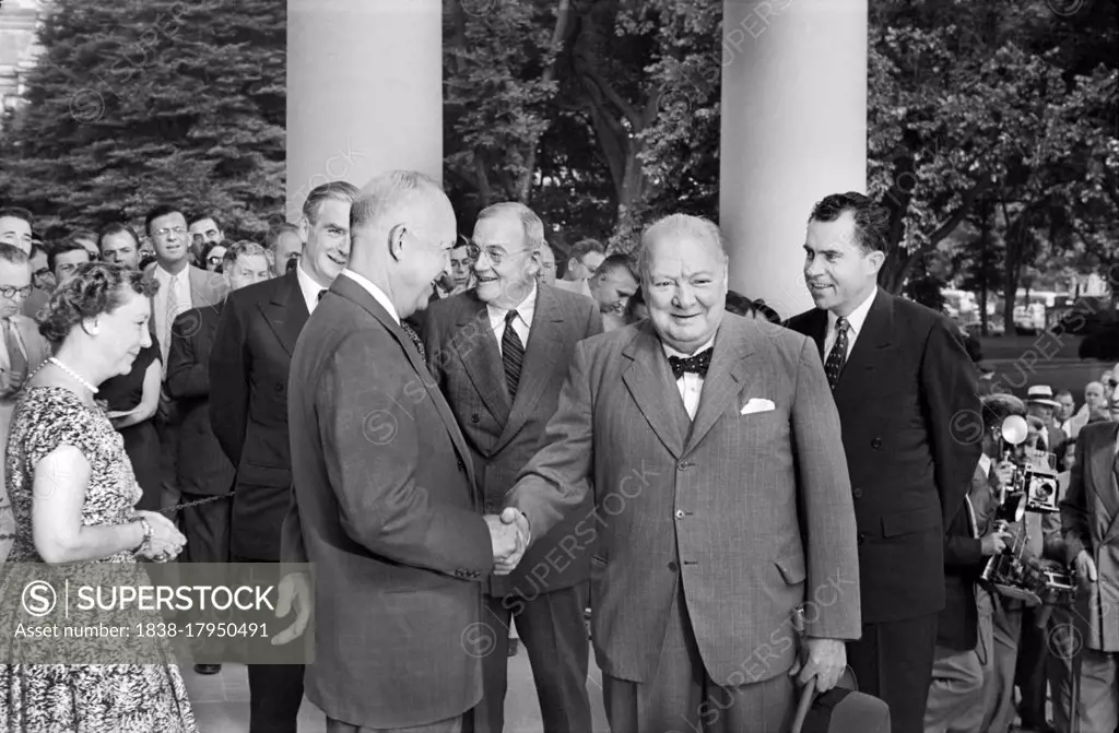 U.S. First Lady Mamie Eisenhower, U.S. President Dwight Eisenhower, U.S. Secretary of State John Foster Dulles (center, back) and U.S. Vice President Richard Nixon (right), greeting British Prime Minister Winston Churchill, British Deputy Prime Minister Anthony Eden (2nd left) at White House, Washington, D.C., USA, Thomas J. O'Halloran, June 25, 1954