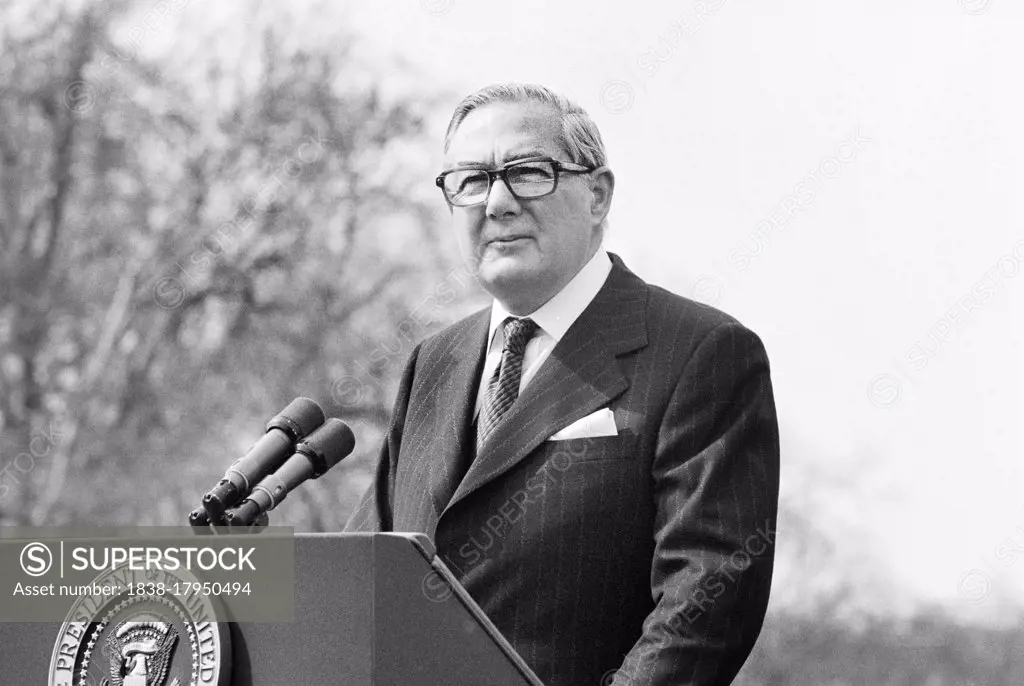 UK Prime Minister James Callaghan during speech at White House, Washington, D.C., USA, Marion S. Trikosko, March 10, 1977