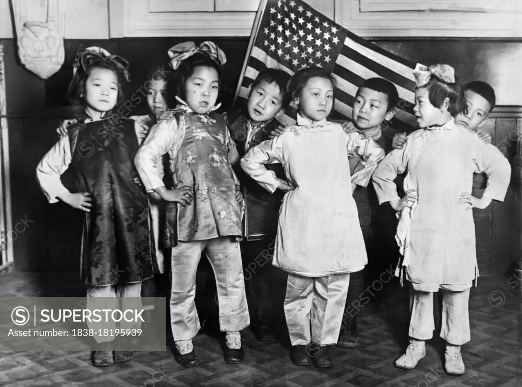 Chinese Children preparing Junior Red Cross Celebration for Abraham Lincoln's Birthday, Public School 108, Mott Street, Chinatown, New York City, New York, USA, American National Red Cross Collection, January 29, 1920