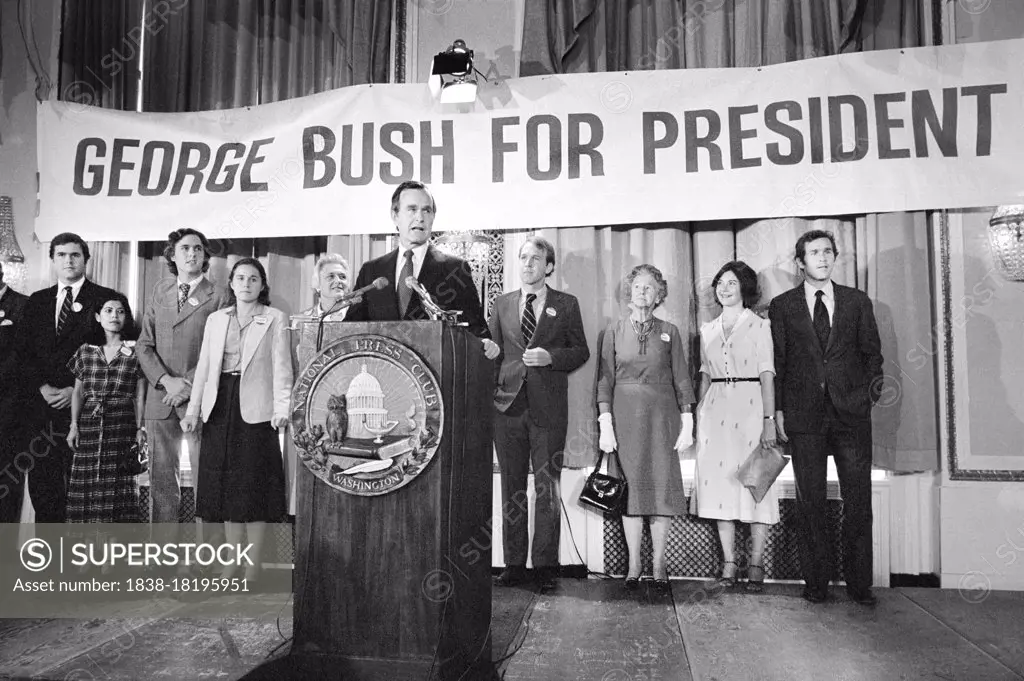 George H.W. Bush announcing his candidacy for President, his wife Barbara Bush, mother Dorothy Walker Bush and his children in Background, Thomas J. O'Halloran, May 1, 1979