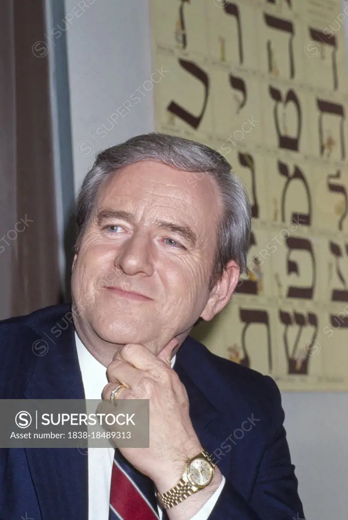 American Televangelist Jerry Falwell, Sr., half-length portrait during News Conference, New York City, New York, USA, Bernard Gotfryd, 1984