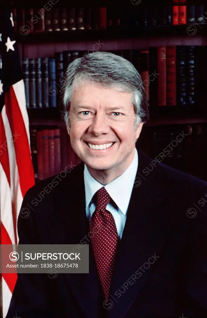 U.S. President Jimmy Carter, head and shoulders Portrait next to American Flag, Washington DC, USA, Karl Schumacher, January 31, 1977