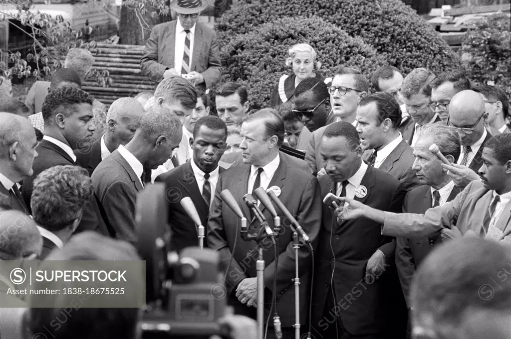 Whitney Young, Roy Wilkins, John Lewis, Martin Luther King, Jr., and other with Press after meeting with U.S. President John Kennedy after March on Washington for Jobs and Freedom, Washington, DC, USA, Warren K. Leffler, U.S. News & World Report Magazine Photograph Collection, August 28, 1963