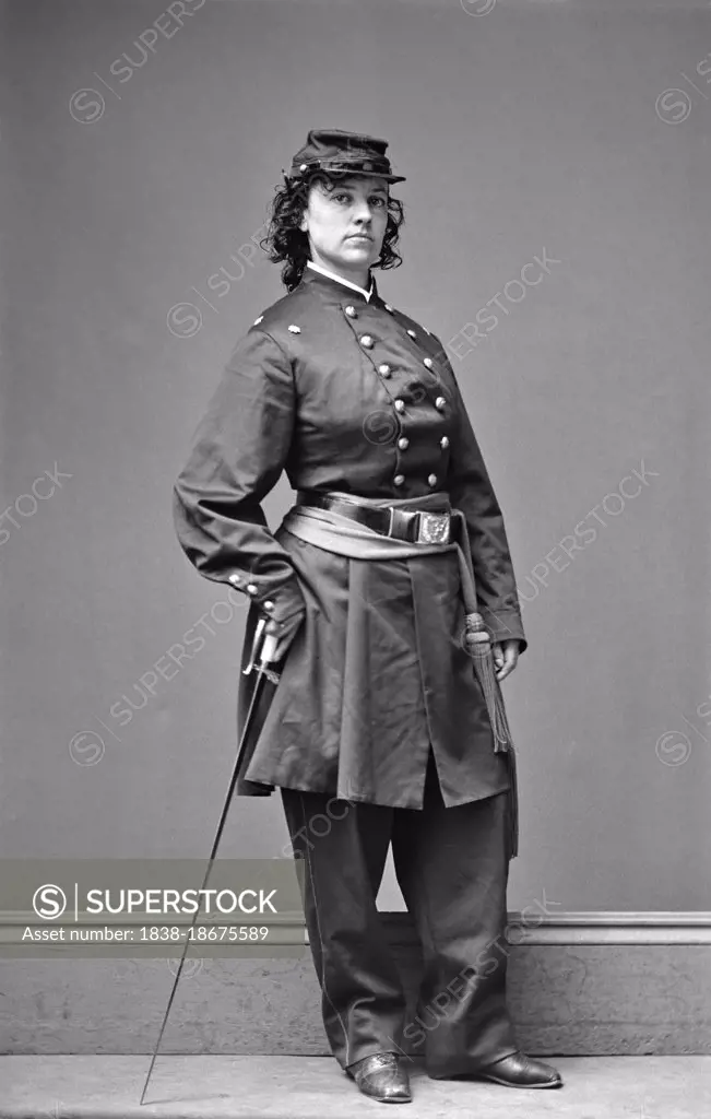 Pauline Cushman (1833-1893), American Actress and Spy for Union Army during American Civil War, full-length Portrait wearing Military Uniform, Mathew Brady Studio, 1864