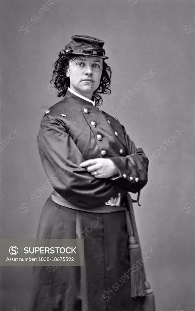 Pauline Cushman (1833-1893), American Actress and Spy for Union Army during American Civil War, three-quarter length Portrait wearing Military Uniform, Mathew Brady Studio, 1864