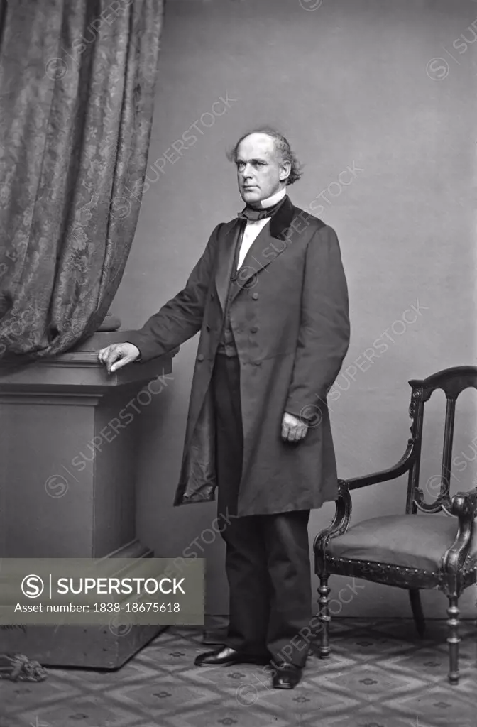 Salmon P. Chase (1808-1873), American Politician and Jurist, served as Ohio Governor and Senator, sixth U.S. Chief Justice, as well as US. Secretary of the Treasury, one of a few U.S. Politicians to serve in all three branches of Federal Government, full-length Portrait, Mathew Brady Studio, 1860's