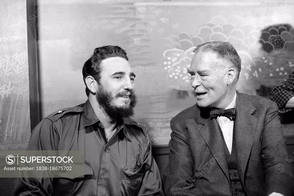 Cuban Prime Minister Fidel Castro seated with U.S. Secretary of State Christian Herter, Statler Hotel, New York City, New York, USA, Warren K. Leffler, US News & World Report Magazine Collection, April 16, 1959