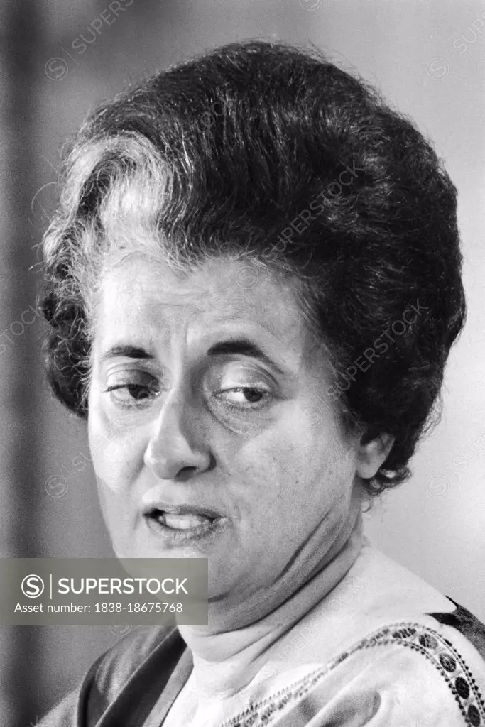 Prime Minister of India Indira Gandhi, head and shoulders Portrait, National Press Club, Washington, D.C., USA, Warren K. Leffler, US News & World Report Magazine Collection, November 5, 1971