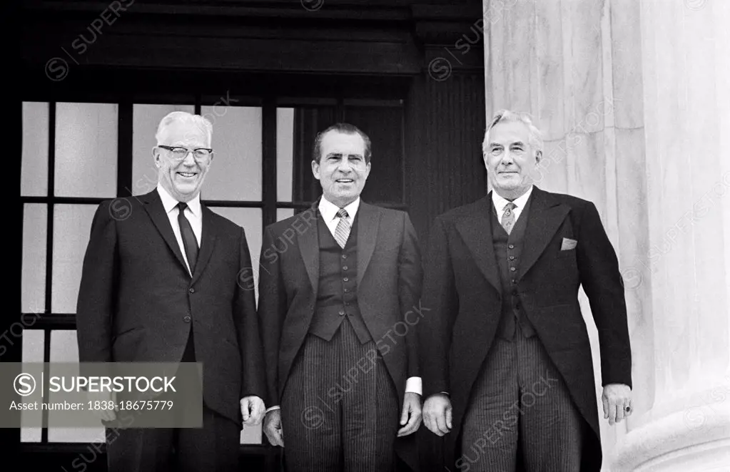 U.S. President Richard Nixon (center) with new Chief Justice Warren E. Burger (right), Washington, D.C., USA, Marion S. Trikosko, US News & World Report Magazine Collection, June 23, 1969