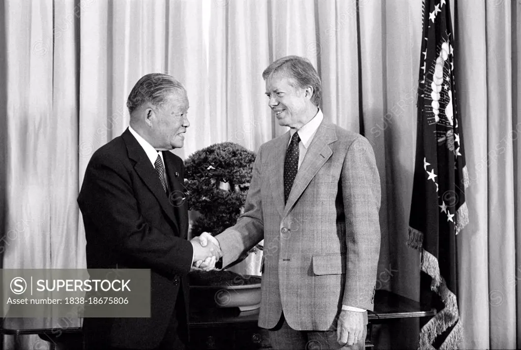 U.S. President Jimmy Carter shaking hands with Japanese Prime Minister Masayoshi Ohira, Washington, D.C., USA, Marion S. Trikosko, US News & World Report Magazine Collection, May 2, 1979