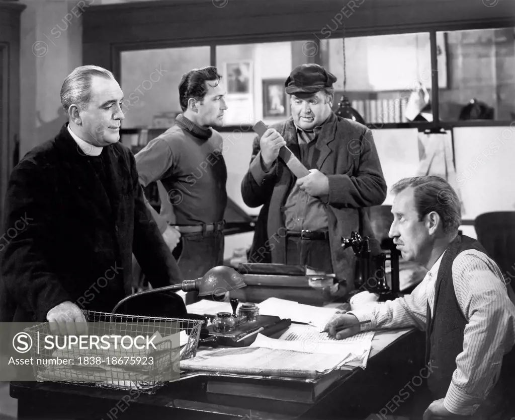 Pat O'Brien, Frank Ferguson (l-r foreground), Charles Kemper, Don Haggerty (l-r background), on-set of the Film, "Fighting Father Dunne", photo by Caston Longet, RKO Radio Pictures, 1948