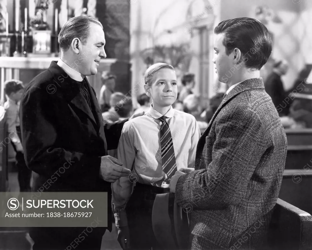 Pat O'Brien, Donn Gift, Darryl Hickman, on-set of the Film, "Fighting Father Dunne", photo by Caston Longet, RKO Radio Pictures, 1948