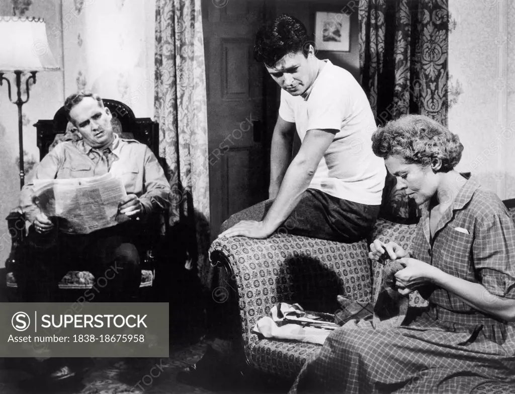 Noel Reyburn (center), Ethel Barrett (right), on-set of the Film, "The Flaming Teen-Age", Truman Enterprises, Inc., 1956