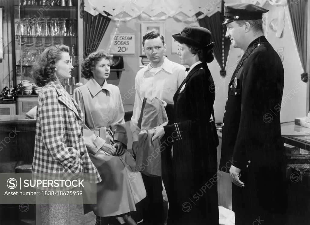 Danny Sue Nolan (left), Carol Brannan (center, left), Ray McDonald (center), on-set of the Film, "Flame of Youth", Republic Pictures, 1949