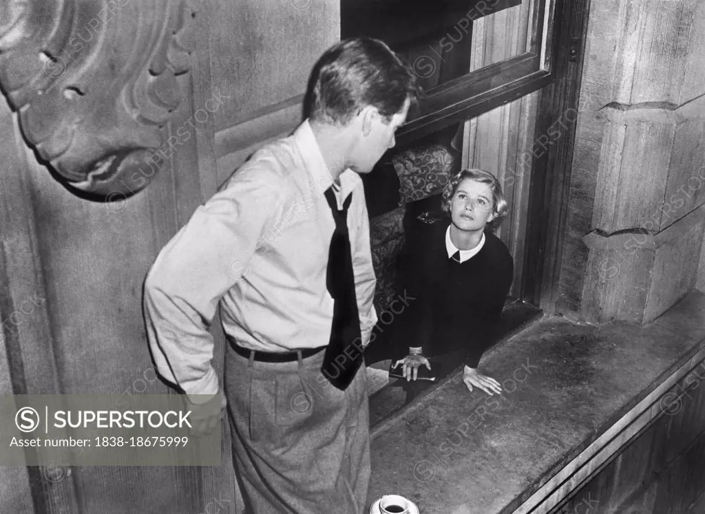 Richard Basehart, Barbara Bel Geddes, on-set of the Film, "Fourteen Hours", 20th Century-Fox, 1951