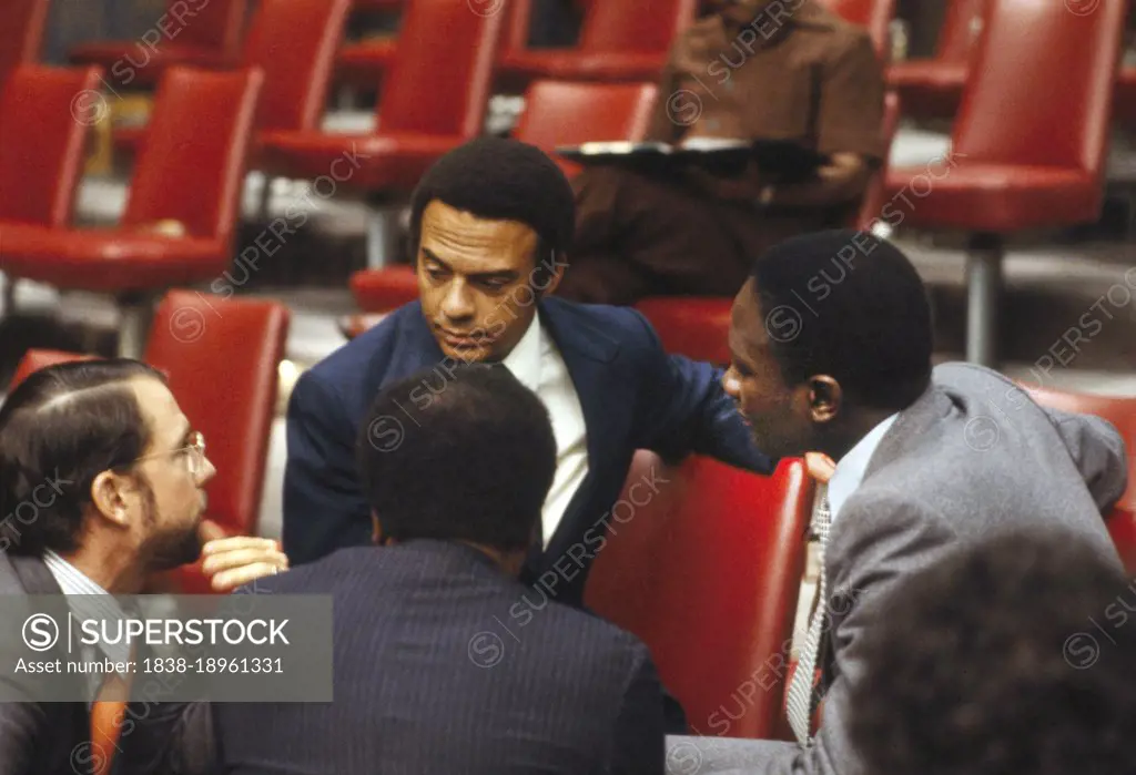 Andrew Young, U.S. Ambassador to the United Nations, speaking with colleagues, United Nations, New York City, New York, USA, Bernard Gotfryd, 1979