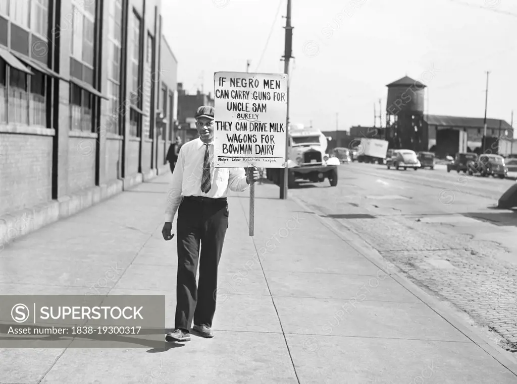 Man with Protest Sign outside Bowman Dairy, Chicago, Illinois, USA, John Vachon, U.S. Office of War Information/U.S. Farm Security Administration, July 1941