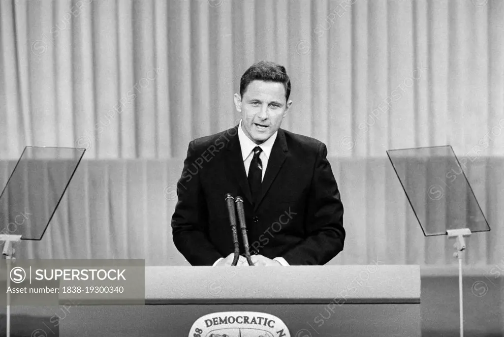 U.S. Senator from Indiana Birch Bayh at Podium during Democratic National Convention, Chicago, Illinois, USA, Warren K. Leffler, August 26, 1968