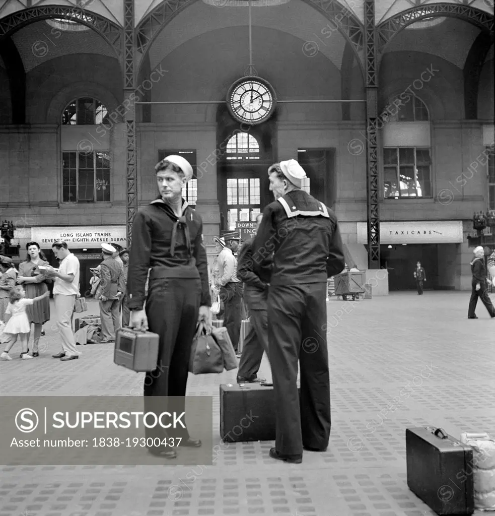 Sailors waiting for Train, Pennsylvania Railroad Station, New York City, New York, USA, Marjory Collins, U.S. Office of War Information/U.S. Farm Security Administration, August 1942