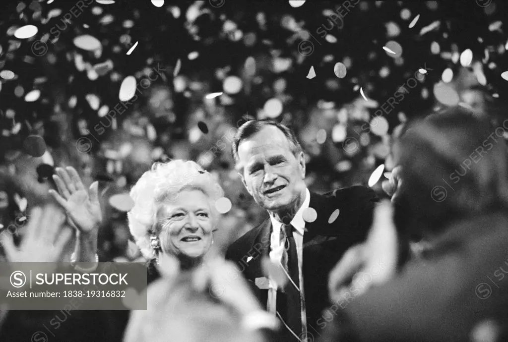 U.S. President George H.W. Bush and his wife Barbara Bush acknowledge crowd during Republican National Convention, Houston, Texas, USA, Laura Patterson, Roll Call Photograph Collection, August 1992