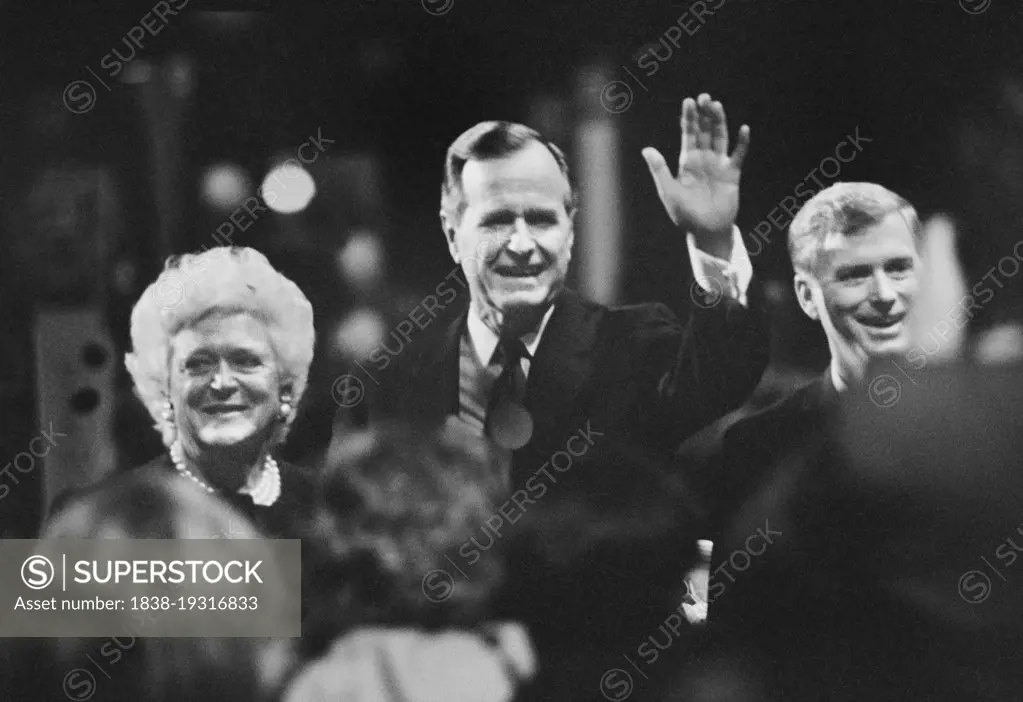 U.S. President George H.W. Bush, his wife Barbara Bush and U.S. Vice President Dan Quayle acknowledge crowd during Republican National Convention, Houston, Texas, USA, Laura Patterson, Roll Call Photograph Collection, August 1992