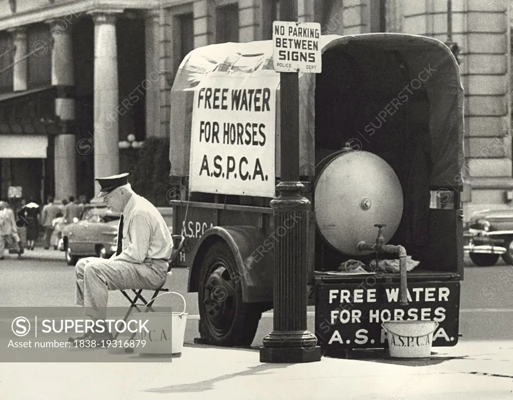 Man sitting on Chair near Wagon with Water Tank in back to provide horses with free water by the American Society for the Prevention of Cruelty to Animals,  Sign on trailer reads "Free water for horses, A.S.P.C.A.", New York City, New York, USA, Angelo Rizzuto, Anthony Angel Collection, July 1952