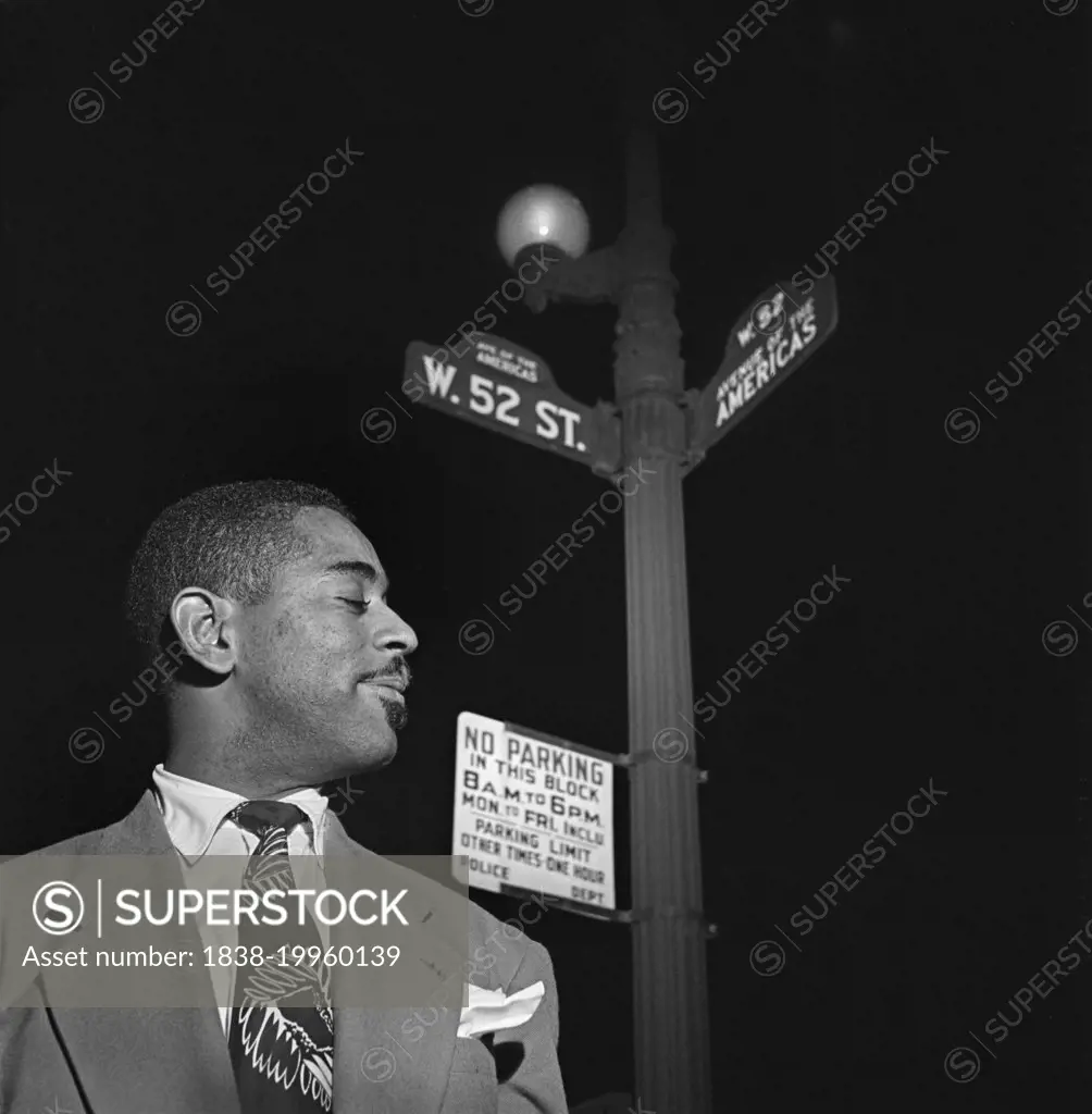 Dizzy Gillespie, head and shoulders Profile, West 52nd Street, New York City, New York, USA, William P. Gottlieb, 1946