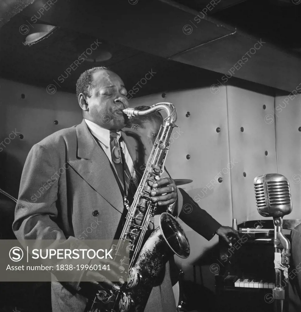 Jazz Saxophonist Coleman Hawkins and Miles Davis performing at Three Deuces Jazz Club, New York City, New York, USA, William P. Gottlieb, July 1947