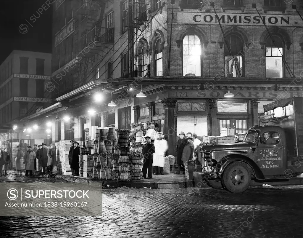 Trucks being loaded with Produce at Night, Washington Market, Washington Street, New York City, New York, USA, Walter Albertin, New York World-Telegram and the Sun Newspaper Photograph Collection, 1952