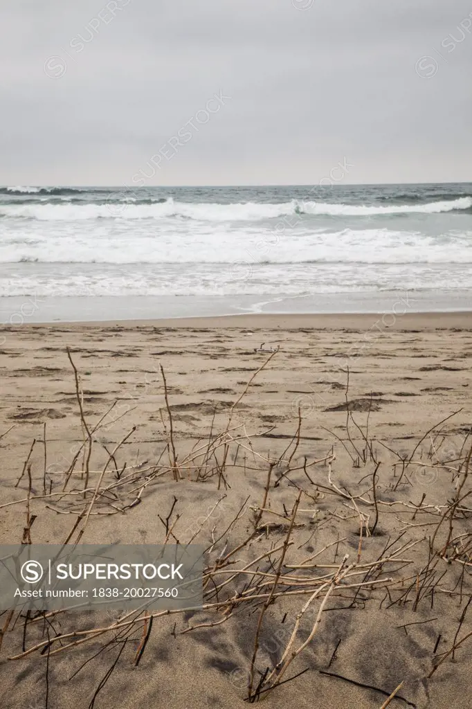 Beach and Ocean Waves Against Grey Sky