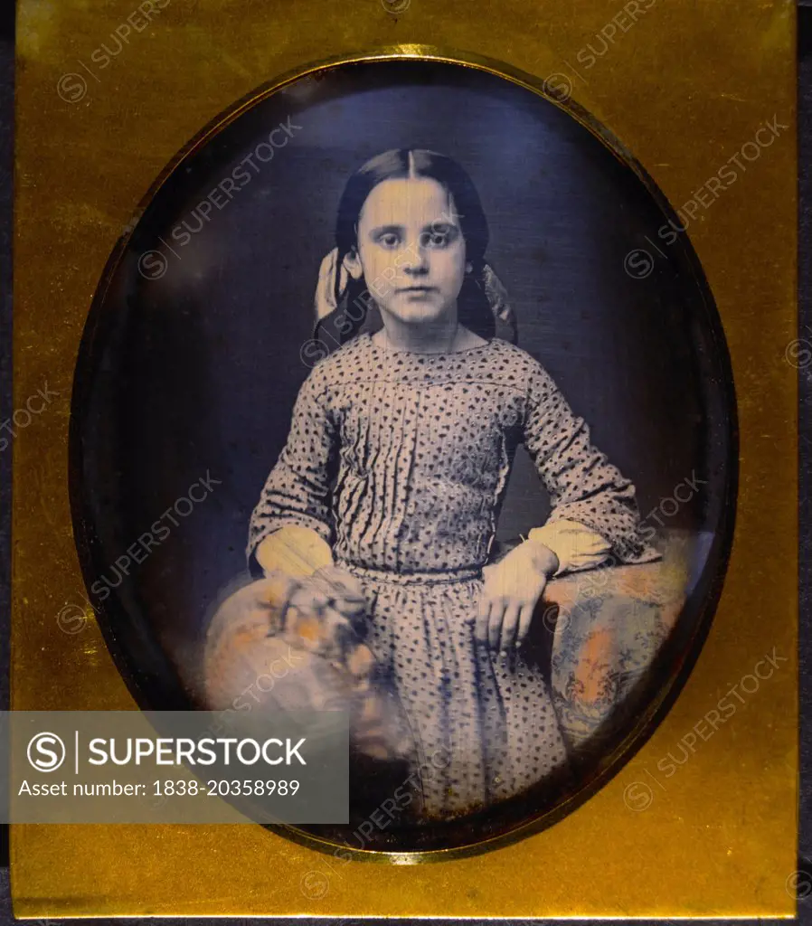 Young Girl Sitting on Stool with Arm Resting on Table, Portrait, Daguerreotype, circa 1850's