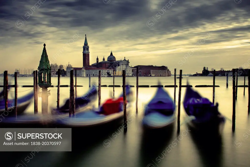 Gondolas with Bell tower of St Mark's Basilica in Background, St Mark's Square, Venice, Italy