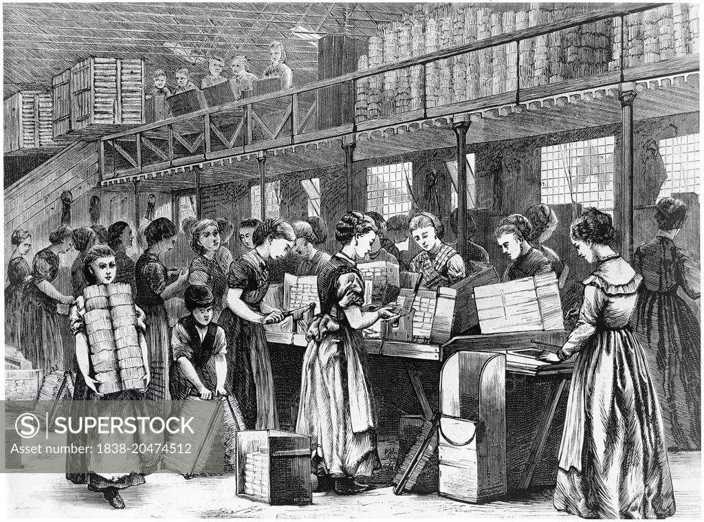 Women Workers in Cigarette Factory, Ilustration, circa 1870