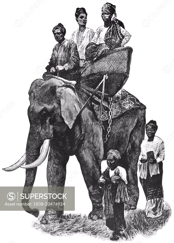 Burmese Prince on Visit of State, With his Wife, "Classical Portfolio of Primitive Carriers", by Marshall M. Kirman, World Railway Publ. Co., Illustration, 1895