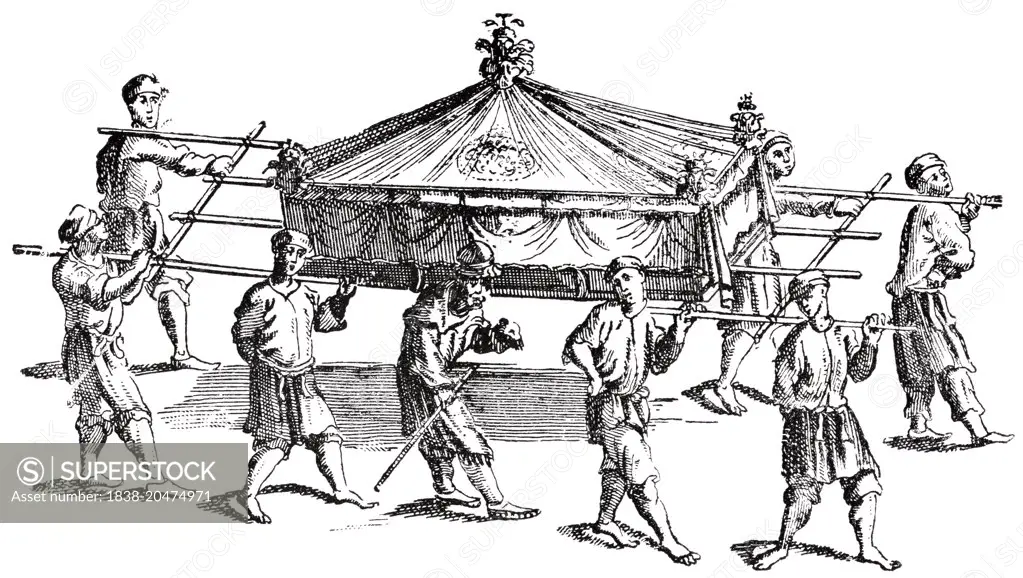 Chinese Hearse in the 16th Century, "Classical Portfolio of Primitive Carriers", by Marshall M. Kirman, World Railway Publ. Co., Illustration, 1895