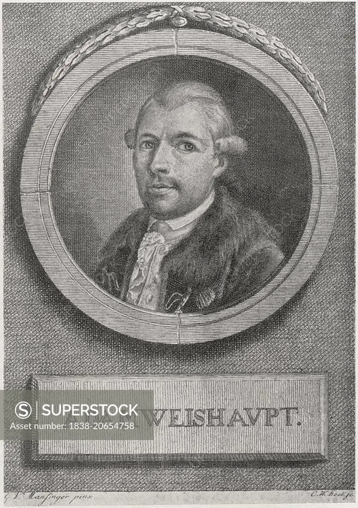 Johann Adam Weishaupt (1748-1830), German, philosopher, Founder of the Order of the Illuminati Secret Society, after Mansinger painting, Engraved by C,W, Bockfe, Book Illustration from Cagliostro, The Splendour and Misery of A Master of Magic”, Chapman and Hall LTD, W.R.H. Trowbridge, 1910