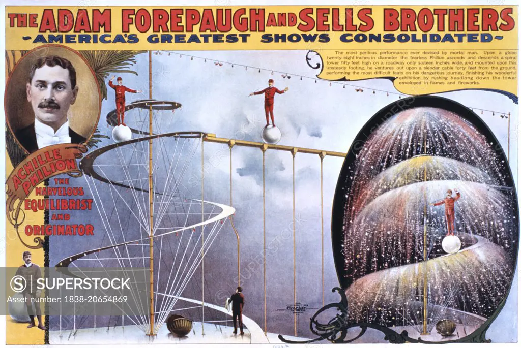 Adam Forepaugh and Sells Brothers America's Greatest Shows Consolidated, Achille Philion, the Marvelous Equilibrist and Originator, Circus Poster, circa 1899