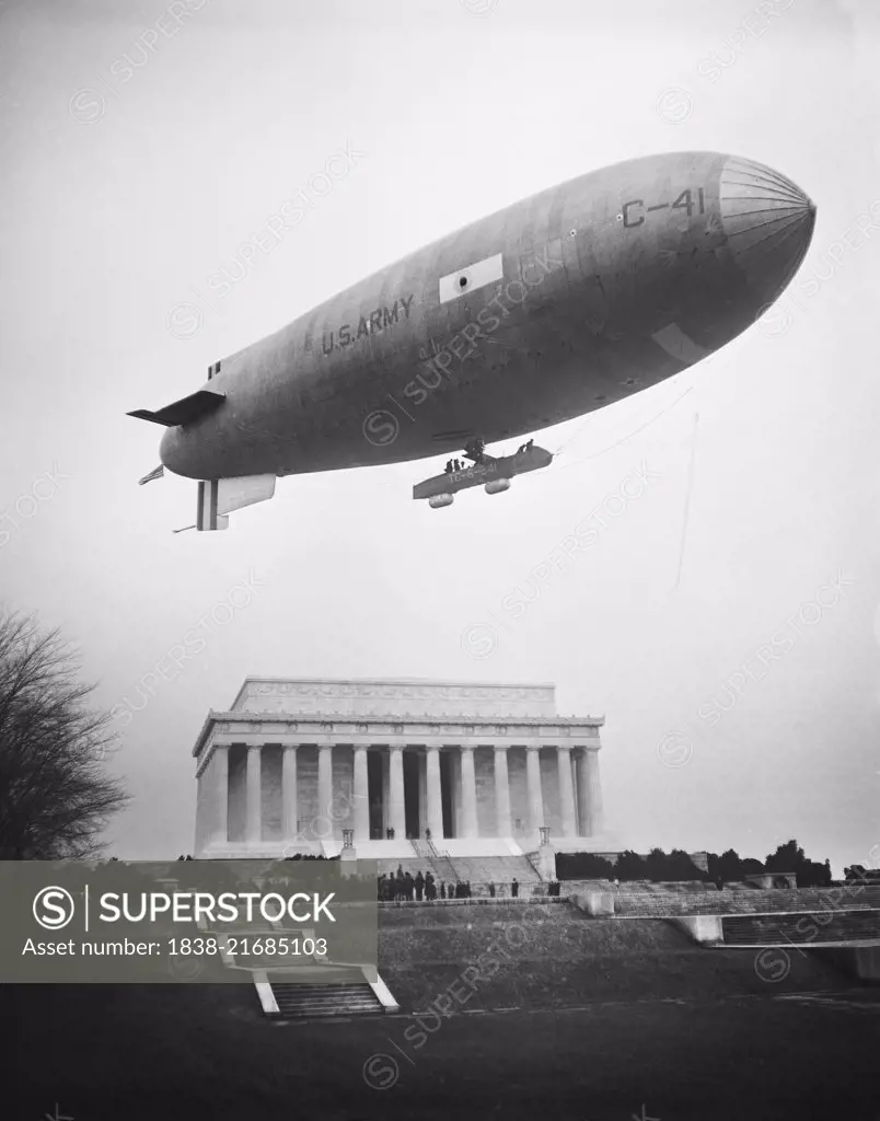 U.S. Army Blimp over Lincoln Memorial, Washington DC, USA, Harris & Ewing, February 1930