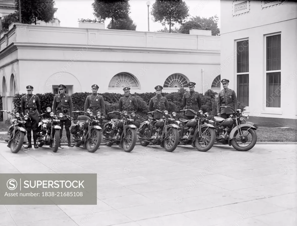 Policeman and Motorcycles at White House, Washington DC, USA, Harris & Ewing, May 1930