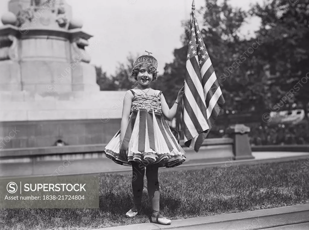 Young Girl Dressed in Liberty Costume with American Flag, Fourth of July Celebration, Washington DC, USA, Harris & Ewing, 1916