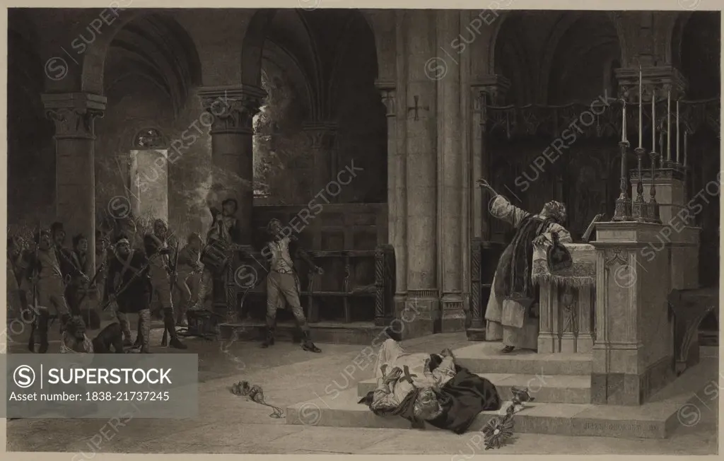 Episode in the Siege of Saragossa, Peninsular War, 1808-09, French Soldiers enter Church 1809, Photogravure Print from the Original 1881 Painting by Jules Girardet, The Masterpieces of French Art by Louis Viardot, Published by Gravure Goupil et Cie, Paris, 1882, Gebbie & Co., Philadelphia, 1883