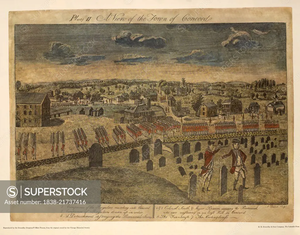 A View of the Town of Concord, Plate II, by Ralph Earl, 1775, Hand-Colored Etching and Engraving by Amos Doolittle, Printed by R. R. Donnelley & Sons Company